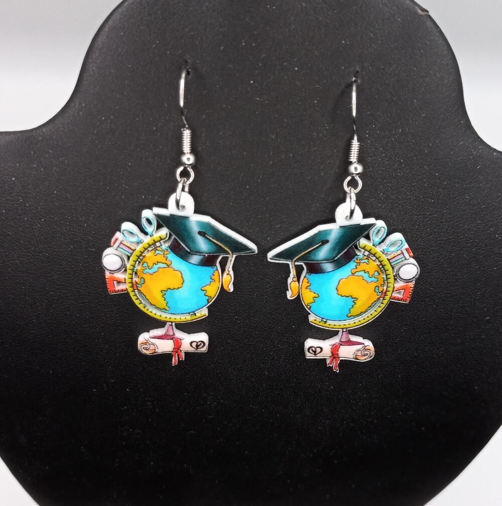 Teacher Graduation Globe Acrylic Dangle Earrings Colorful School Theme